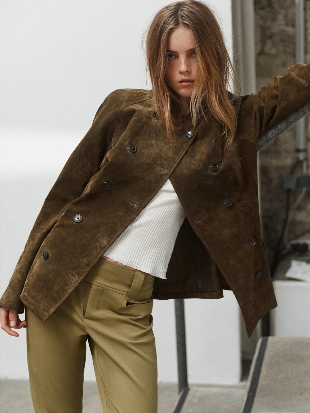 NWT Zara light kaki 100% Suede Double-Breasted Blazer